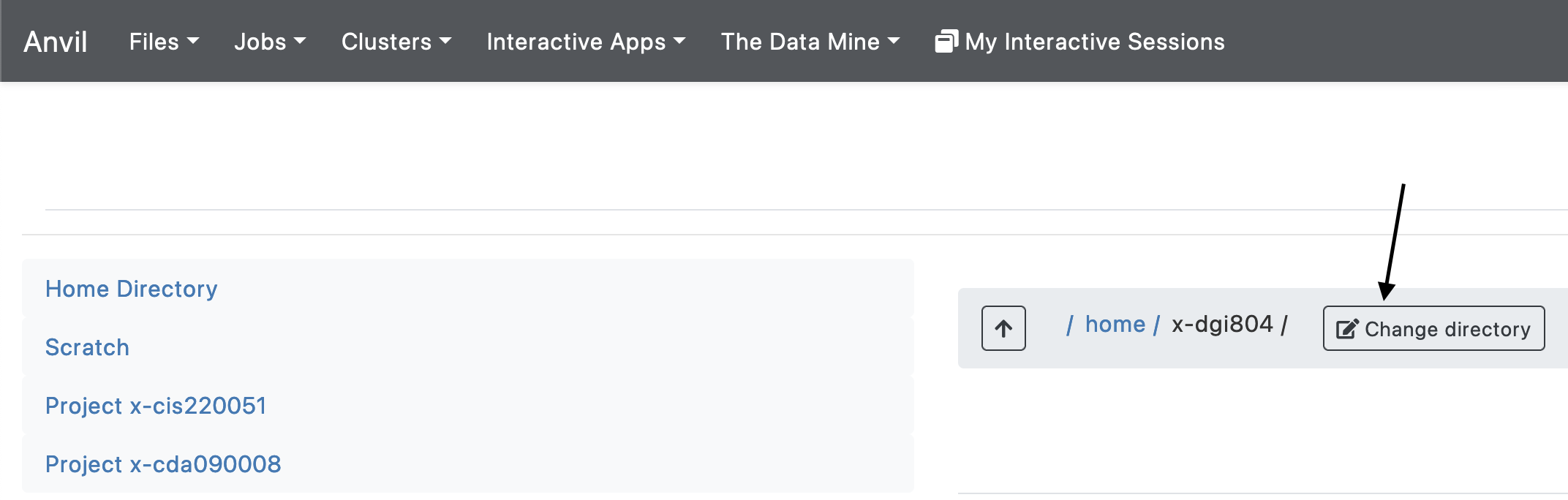 Displaying the OpenOnDemand "Home Directory" files page. There are multiple menus horizontally displayed across the screen. The image is showing that toward the middle of the screen there is a "Change directory" button which is highlighted with an arrow.